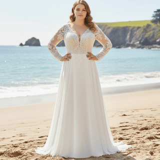 Plus Size A-Line Lace & Chiffon Long Sleeve Wedding Dress - Rosymae