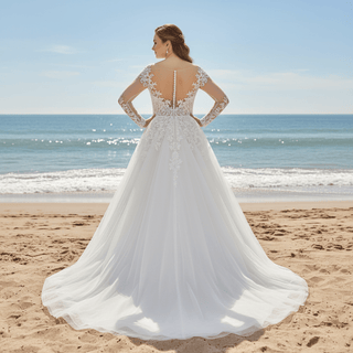 Plus Size A-Line Tulle Lace Long Sleeve Wedding Dress - Rosymae