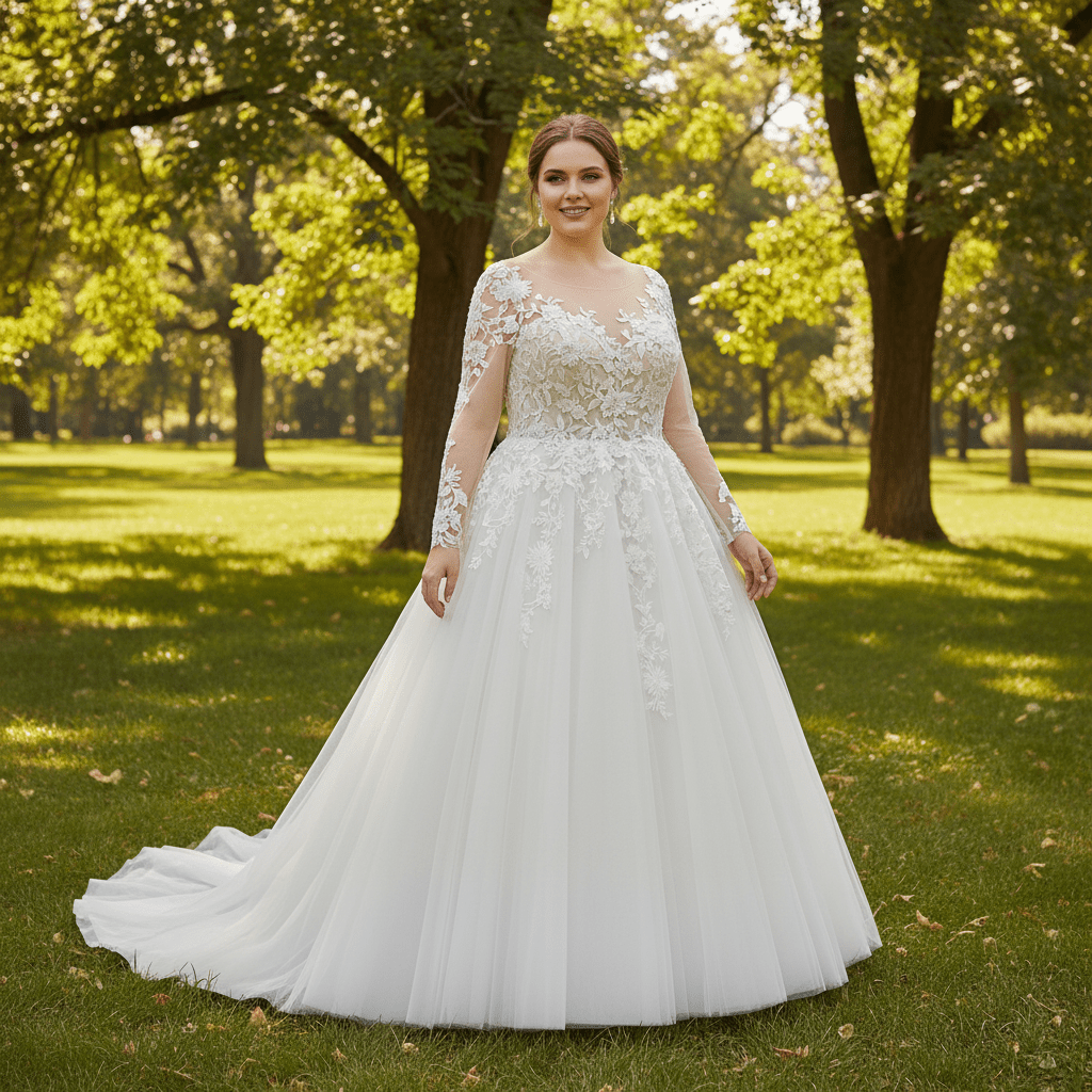 Plus Size A-Line Tulle Lace Long Sleeve Wedding Dress - Rosymae