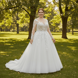 Plus Size A-Line Tulle Lace Long Sleeve Wedding Dress - Rosymae