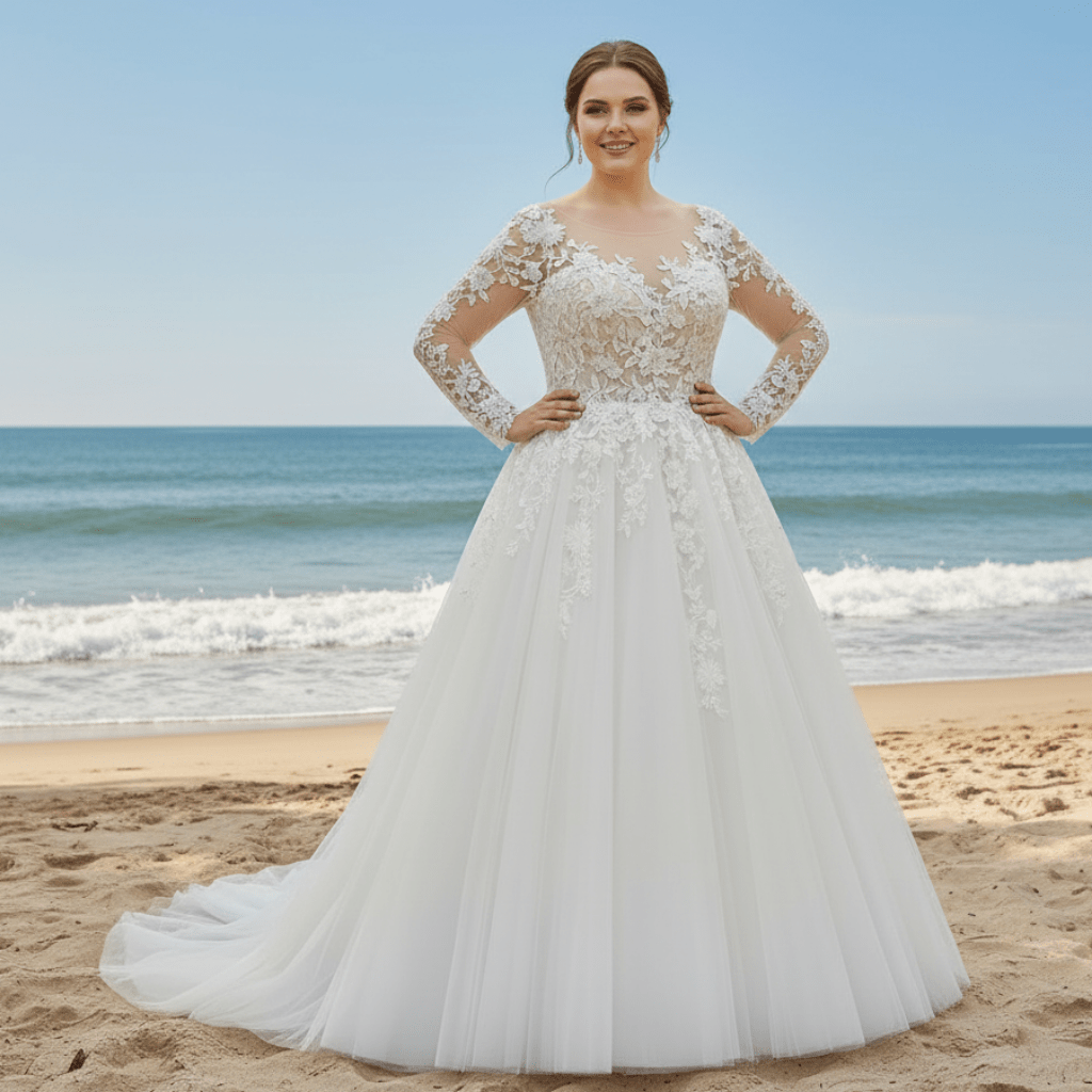 Plus Size A-Line Tulle Lace Long Sleeve Wedding Dress - Rosymae