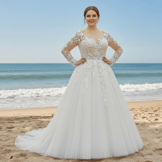 Plus Size A-Line Tulle Lace Long Sleeve Wedding Dress - Rosymae