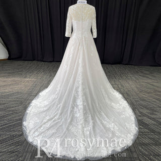 Plus Size A-Line Tulle Lace Wedding Dress with 3/4 Sleeves - Rosymae