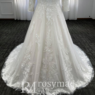 Plus Size A-Line Tulle Lace Wedding Dress with 3/4 Sleeves - Rosymae