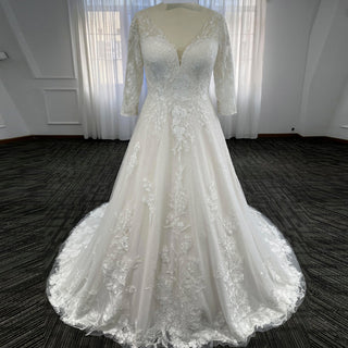 Plus Size A-Line Tulle Lace Wedding Dress with 3/4 Sleeves - Rosymae