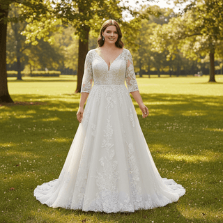 Plus Size A-Line Tulle Lace Wedding Dress with 3/4 Sleeves - Rosymae