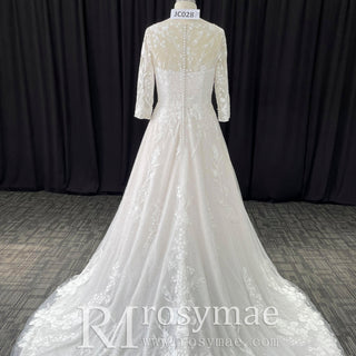 Plus Size A-Line Tulle Lace Wedding Dress with 3/4 Sleeves - Rosymae