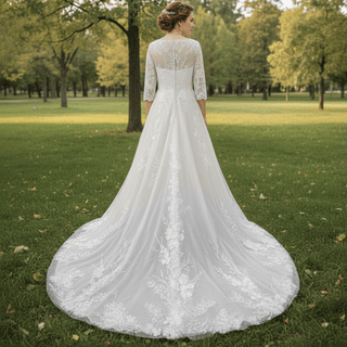 Plus Size A-Line Tulle Lace Wedding Dress with 3/4 Sleeves - Rosymae
