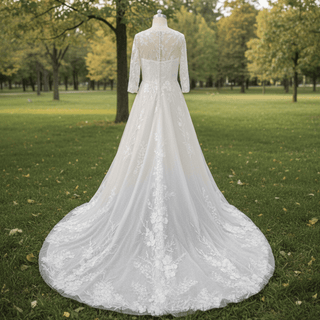 Plus Size A-Line Tulle Lace Wedding Dress with 3/4 Sleeves - Rosymae