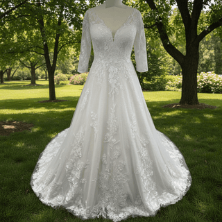 Plus Size A-Line Tulle Lace Wedding Dress with 3/4 Sleeves - Rosymae