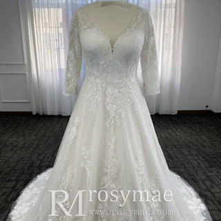 Plus Size A-Line Tulle Lace Wedding Dress with 3/4 Sleeves - Rosymae