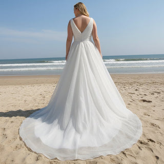 Plus Size A-Line V-Neck Sparkly Tulle Wedding Dress - Rosymae