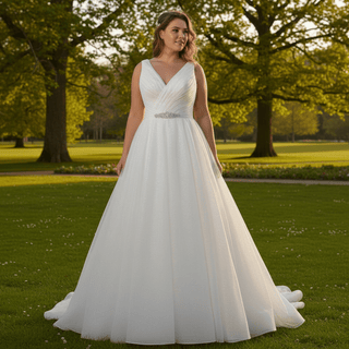 Plus Size A-Line V-Neck Sparkly Tulle Wedding Dress - Rosymae