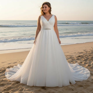 Plus Size A-Line V-Neck Sparkly Tulle Wedding Dress - Rosymae