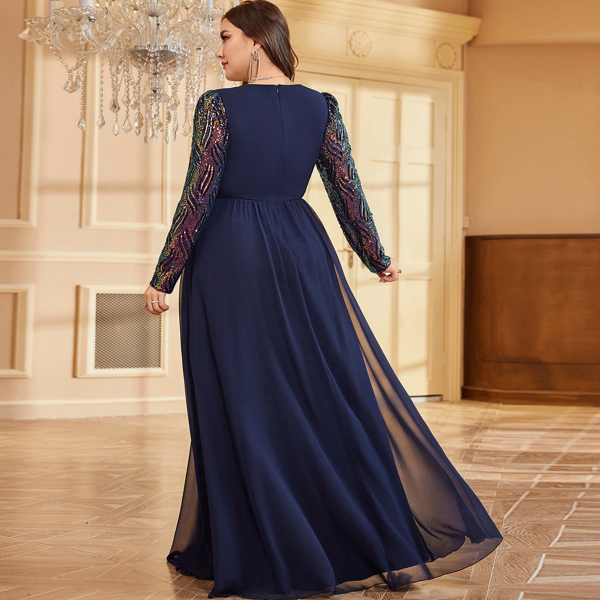 Plus Size Chiffon Long Sleeve Evening Dress Wedding Party Gown