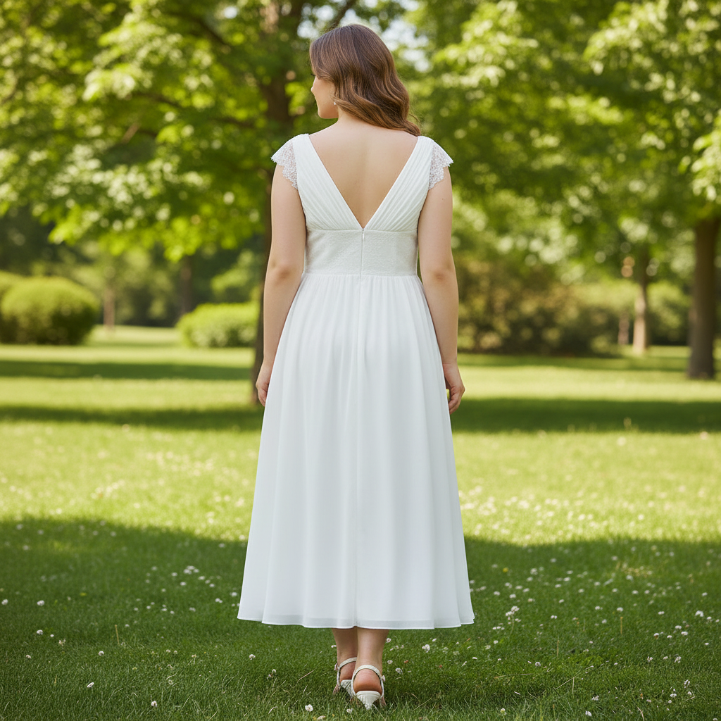 Tea Length Cap Sleeve Chiffon Plus Size Beach Wedding Dress Rosymae Tea Length Cap Sleeve Chiffon Plus Size Beach Wedding Dress Rosymae