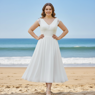 Tea Length Cap Sleeve Chiffon Plus Size Beach Wedding Dress