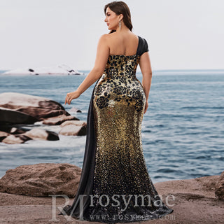 Plus Size Elegant off-shoulder Sleeveless Evening Dress with sequins and Leg Slit - Rosymae