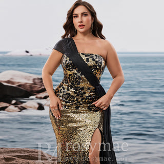 Plus Size Elegant off-shoulder Sleeveless Evening Dress with sequins and Leg Slit - Rosymae