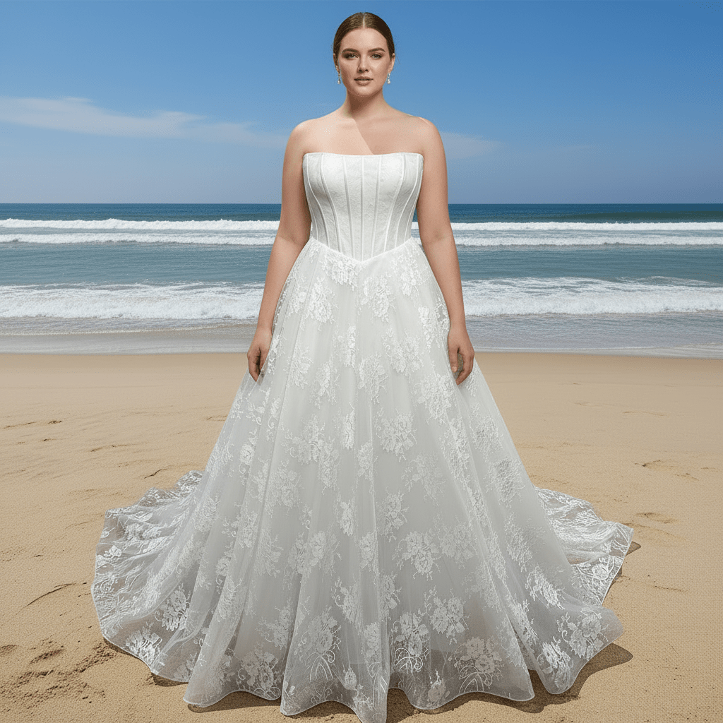 Plus Size Floral Lace A-Line Wedding Dress - Rosymae