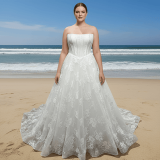 Plus Size Floral Lace A-Line Wedding Dress - Rosymae