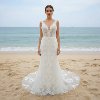 Elegant Mermaid Plus Size Vneck Wedding Dress with Floral Lace Appliqued