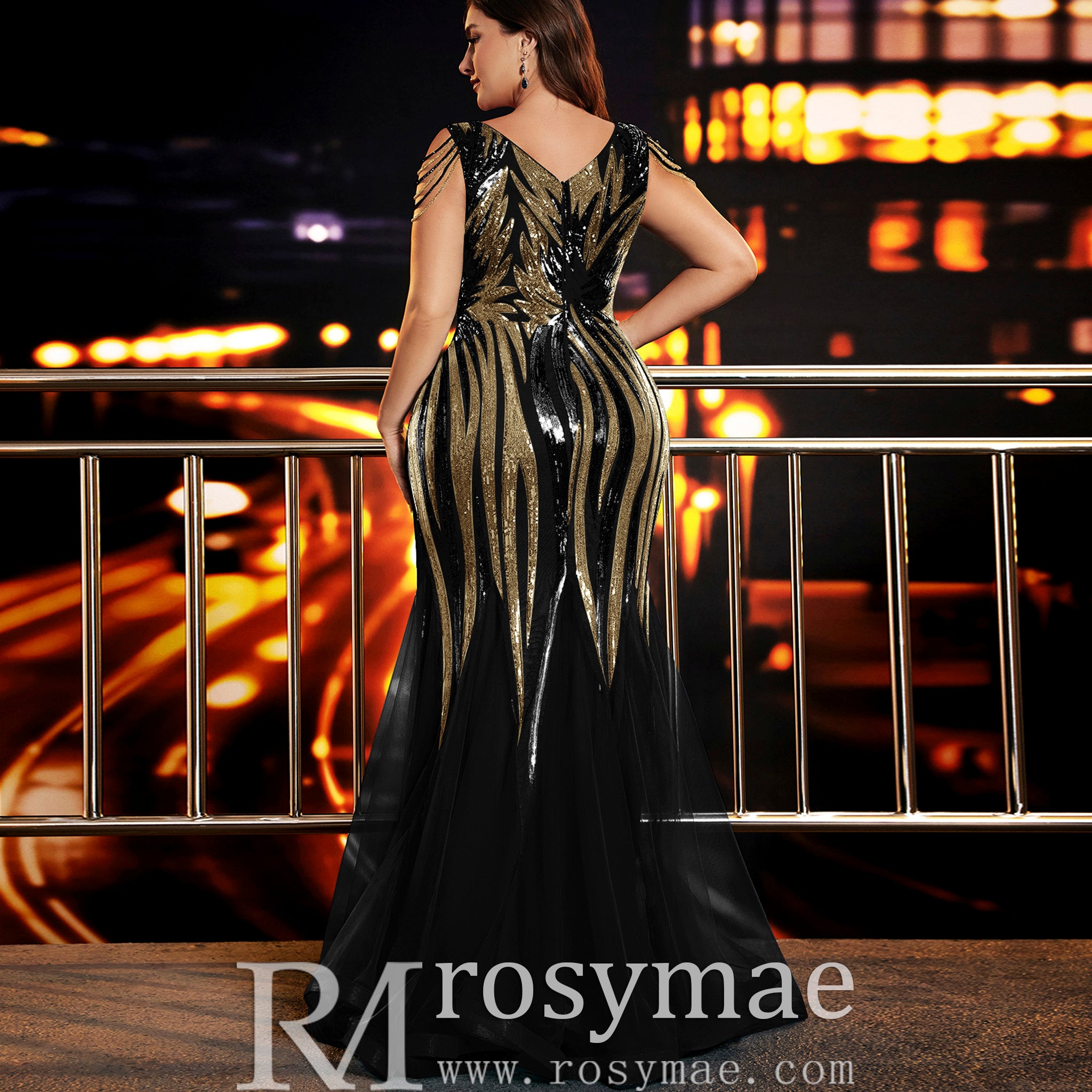 Elegant Mermaid Plus Size Black and Gold Evening Dress with V-neck Rosymae Elegant Mermaid Plus Size Black and Gold Evening Dress with V-neck Rosymae