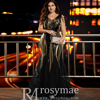 Elegant Mermaid Plus Size Black and Gold Evening Dress with V-neck