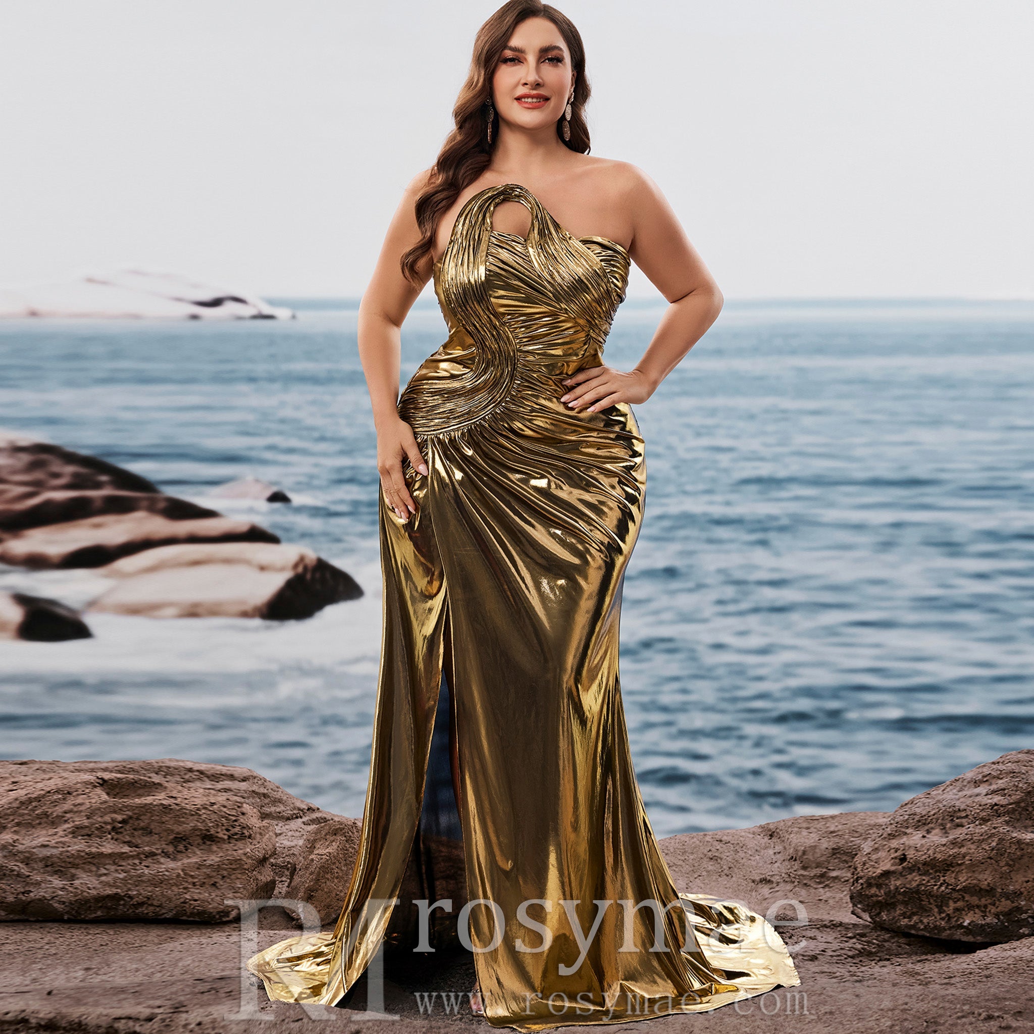 Plus Size Gold Maxi Evening Dress Mermaid Wedding Party Night Elegant – Rosymae