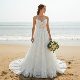 Western Unique Lace Romantic Bohemian Wedding Dress with Vneck