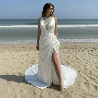 Elegant Leg Slit Plus Size Wedding Dress with Pearl Neckline