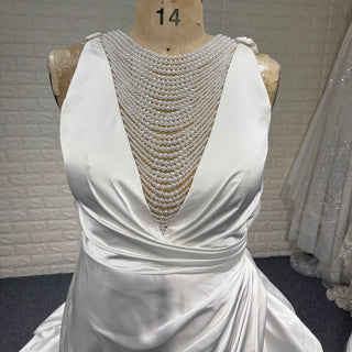 Elegant Leg Slit Plus Size Wedding Dress with Pearl Neckline
