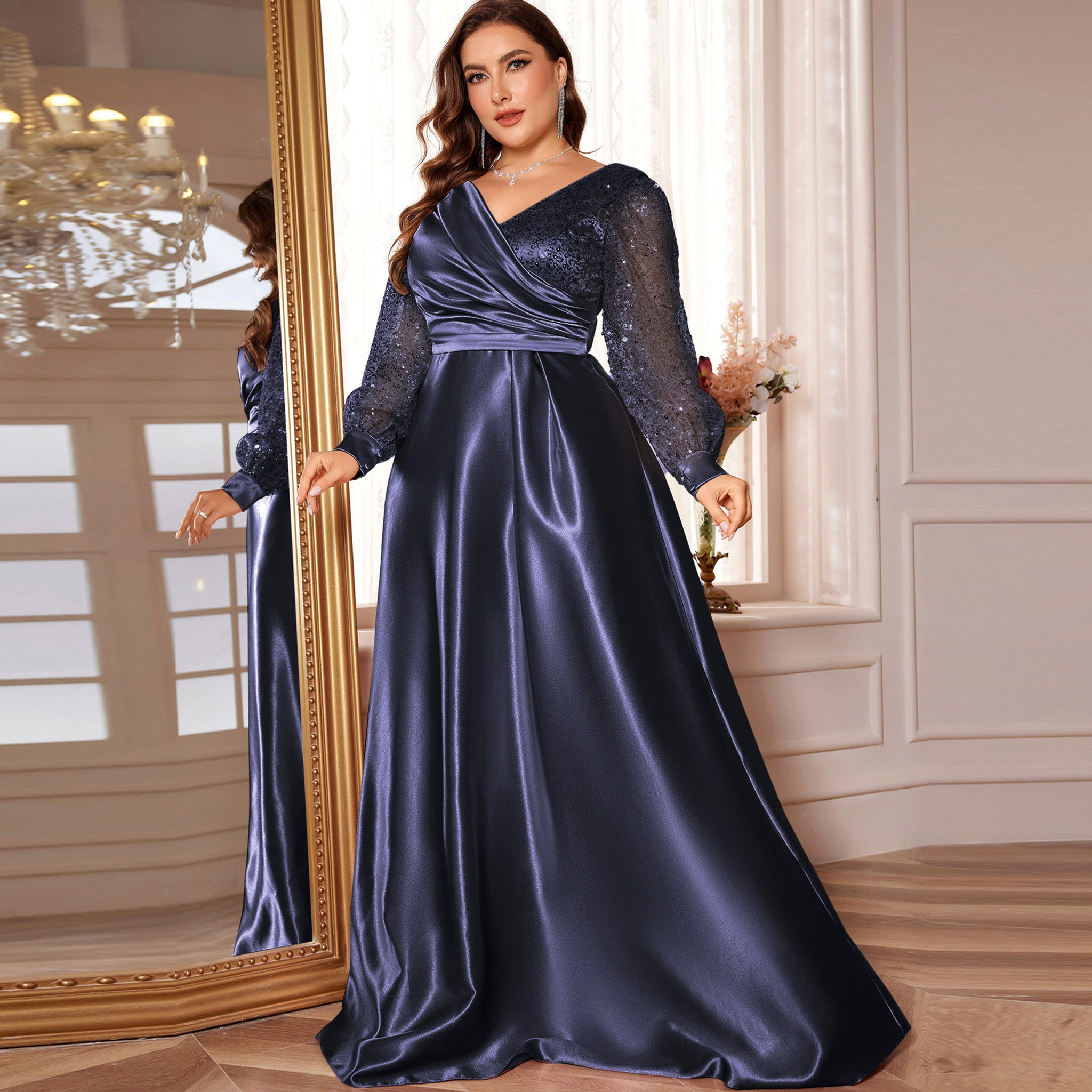 Plus Size Womens Satin Formal Dress Long Sleeves Sparkle Prom Gown Dark Navy / 2XL Plus Size Womens Satin Formal Dress Long Sleeves Sparkle Prom Gown Dark Navy / 2XL