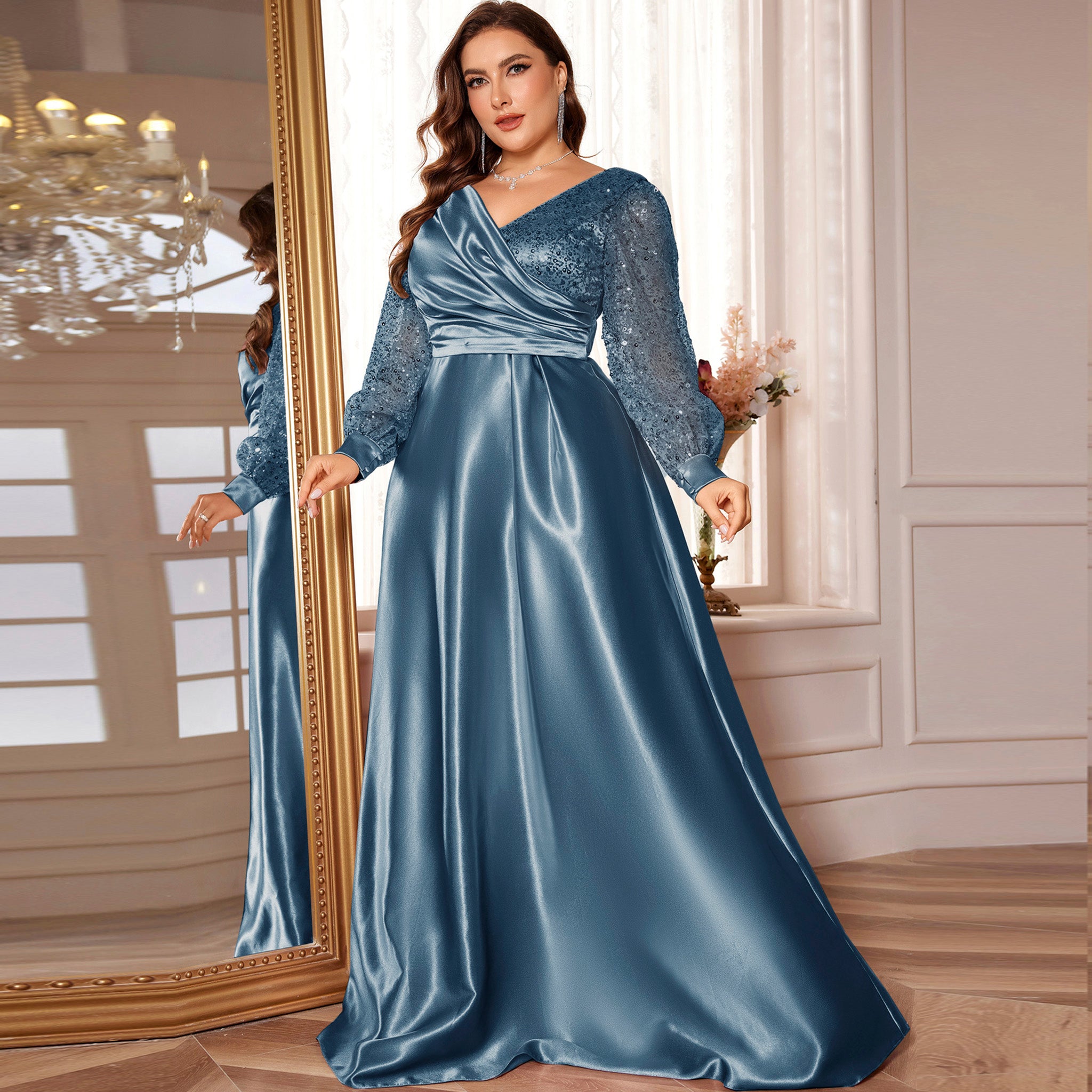 Plus Size Womens Satin Formal Dress Long Sleeves Sparkle Prom Gown Dusty Pink / 1XL Plus Size Womens Satin Formal Dress Long Sleeves Sparkle Prom Gown Dusty Pink / 1XL