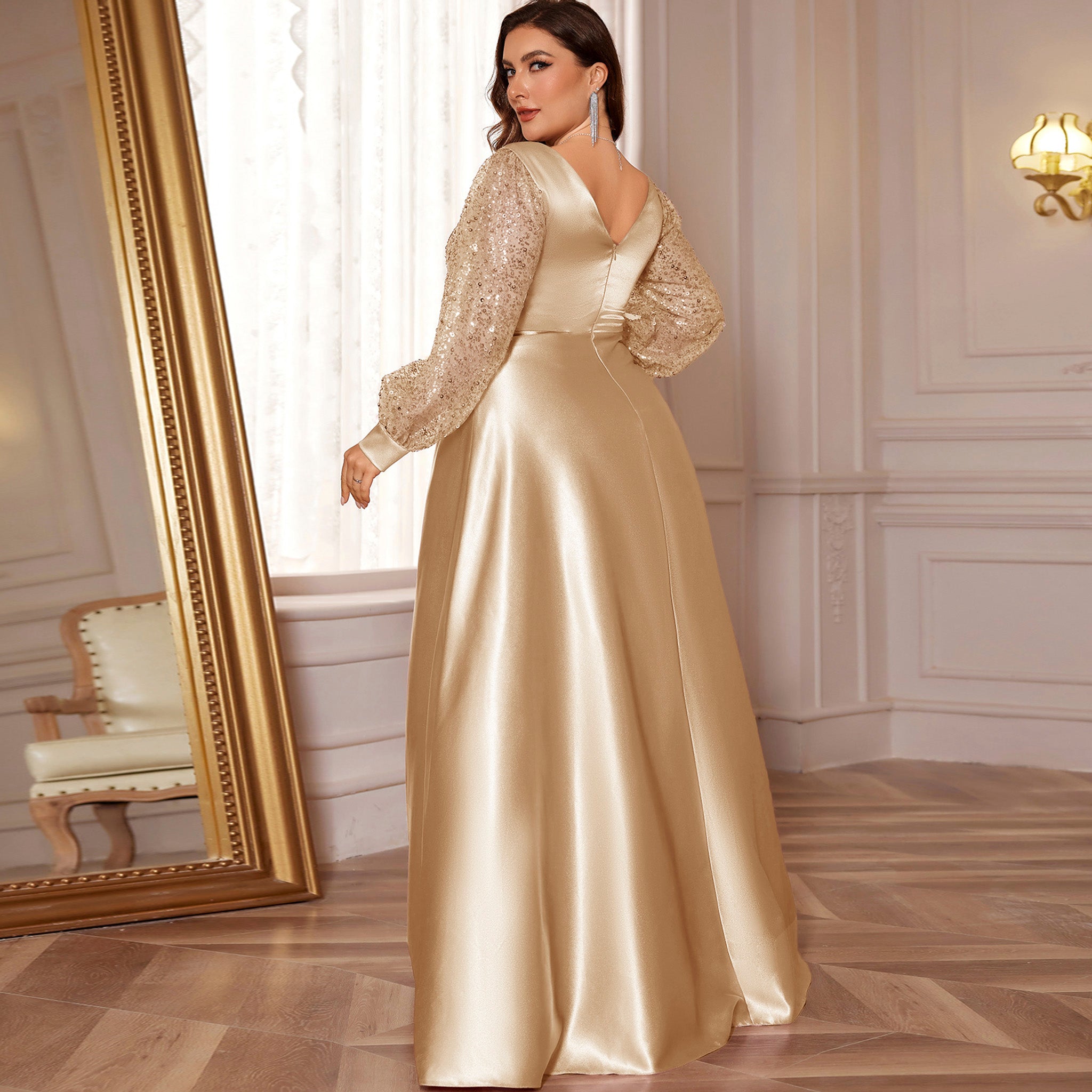 Plus Size Womens Satin Formal Dress Long Sleeves Sparkle Prom Gown Dark Navy / 2XL Plus Size Womens Satin Formal Dress Long Sleeves Sparkle Prom Gown Dark Navy / 2XL