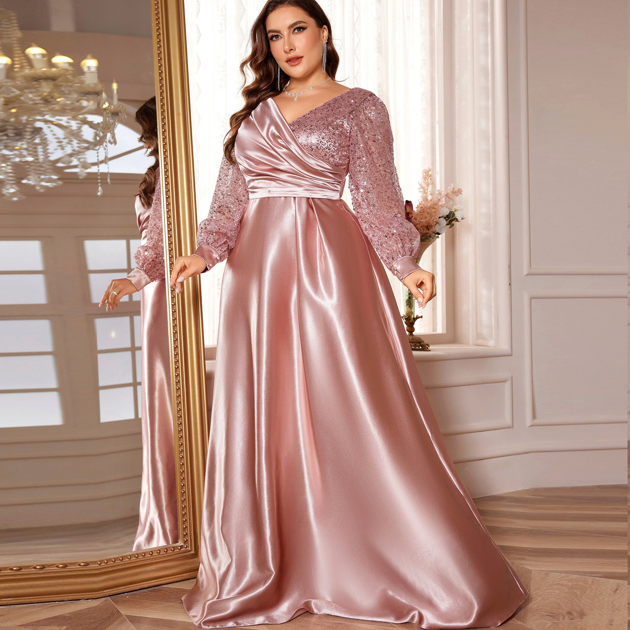 Robe de soirée en satin grande taille pour femme, manches longues