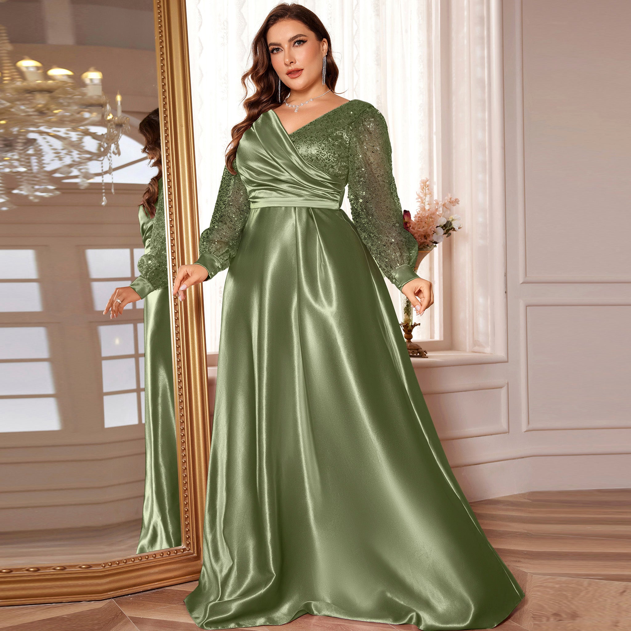 Plus Size Womens Satin Formal Dress Long Sleeves Sparkle Prom Gown Dusty Pink / 1XL Plus Size Womens Satin Formal Dress Long Sleeves Sparkle Prom Gown Dusty Pink / 1XL