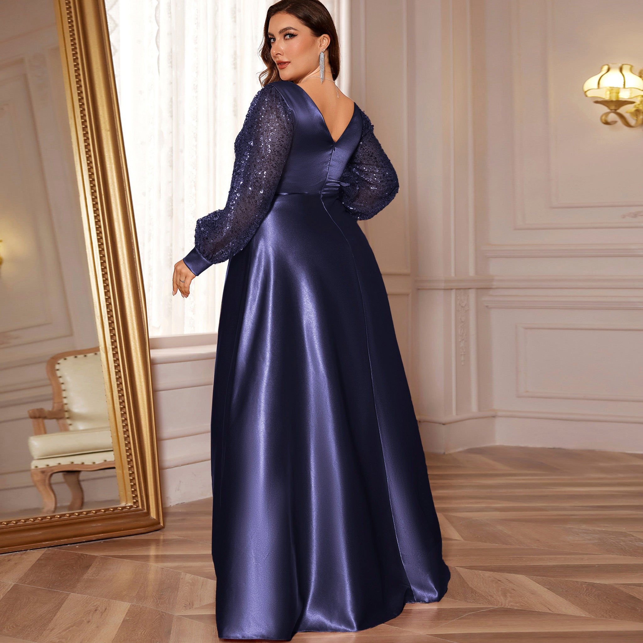 Plus Size Womens Satin Formal Dress Long Sleeves Sparkle Prom Gown Dark Navy / 2XL Plus Size Womens Satin Formal Dress Long Sleeves Sparkle Prom Gown Dark Navy / 2XL