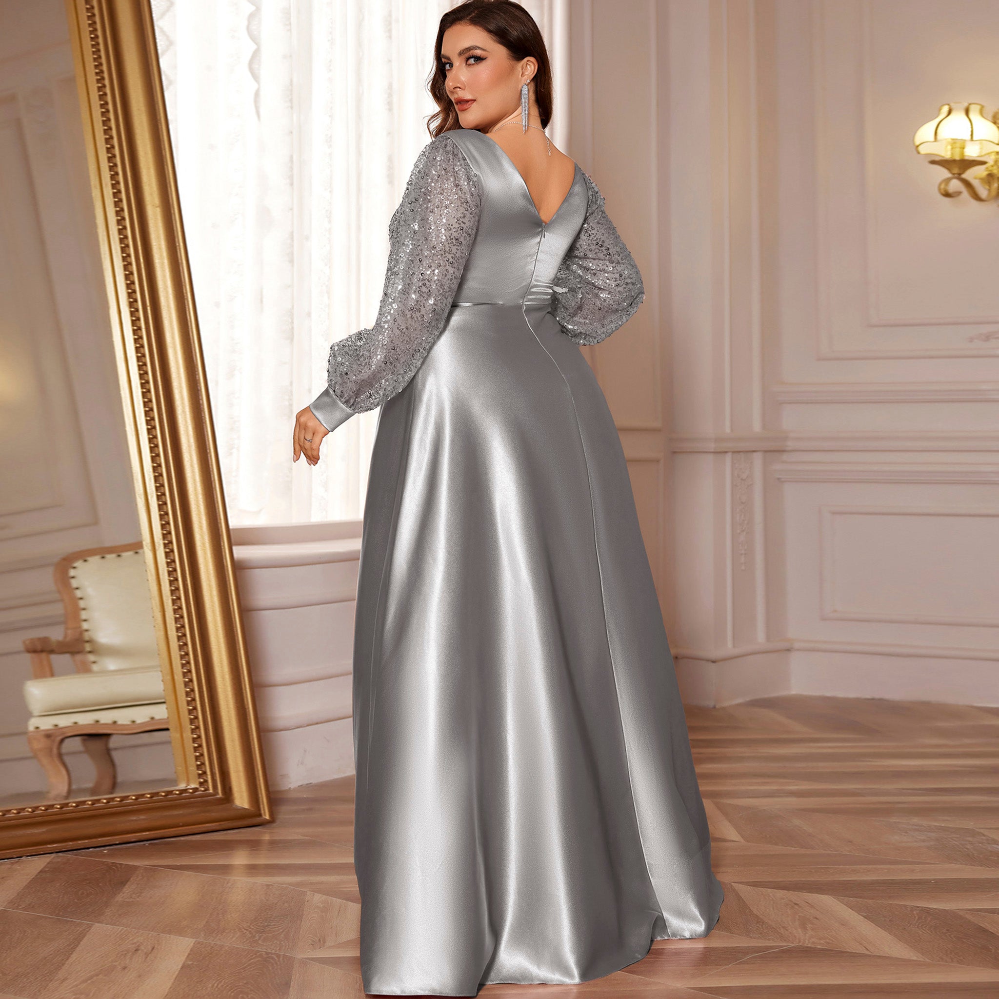 Plus Size Womens Satin Formal Dress Long Sleeves Sparkle Prom Gown Dark Navy / 2XL Plus Size Womens Satin Formal Dress Long Sleeves Sparkle Prom Gown Dark Navy / 2XL