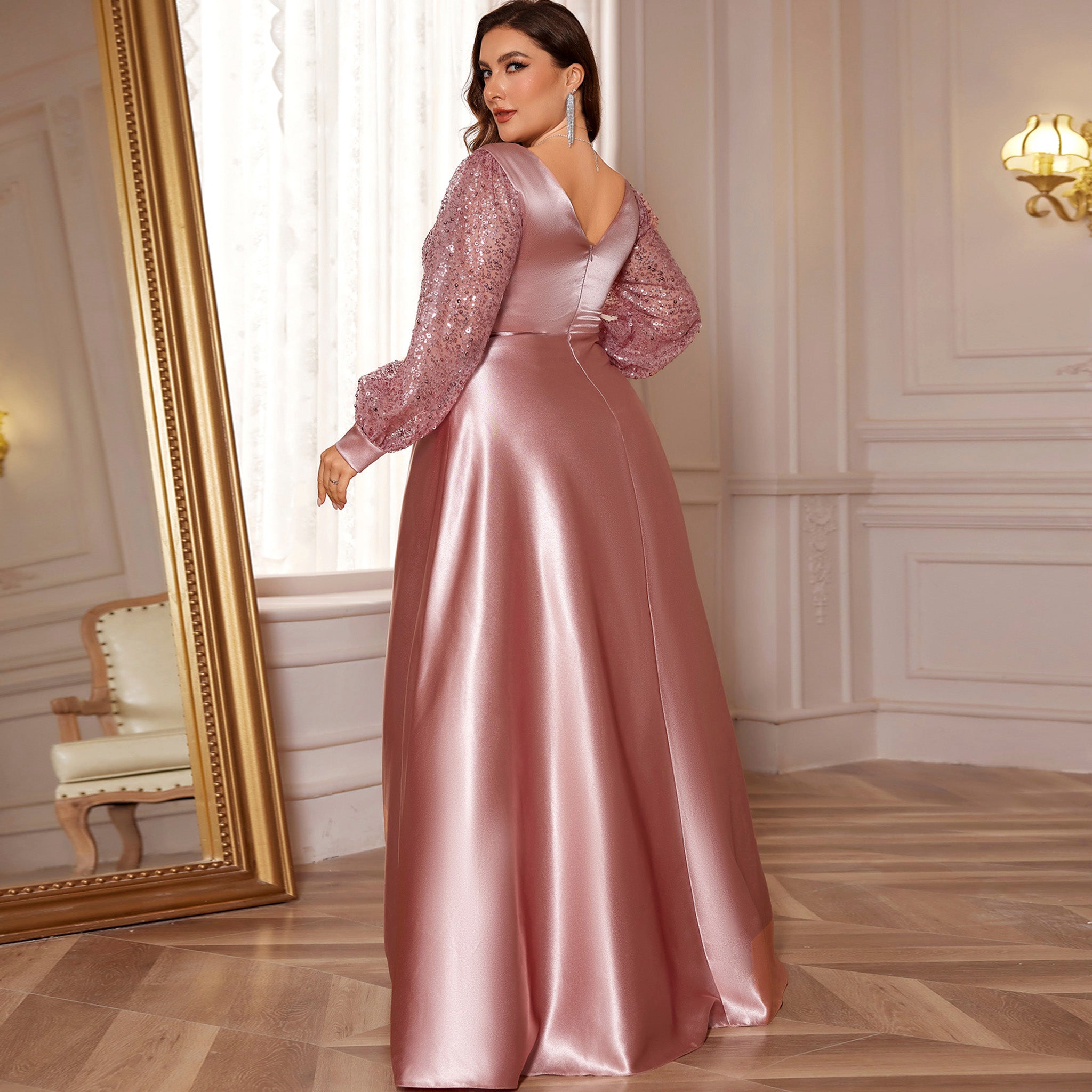 Plus Size Womens Satin Formal Dress Long Sleeves Sparkle Prom Gown Dark Navy / 2XL Plus Size Womens Satin Formal Dress Long Sleeves Sparkle Prom Gown Dark Navy / 2XL