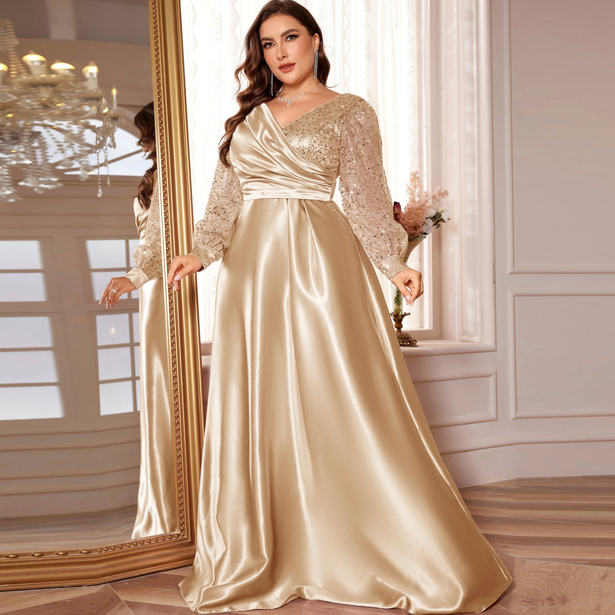 Plus Size Womens Satin Formal Dress Long Sleeves Sparkle Prom Gown Champagne / 3XL Plus Size Womens Satin Formal Dress Long Sleeves Sparkle Prom Gown Champagne / 3XL
