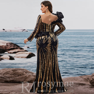 Plus Size Luxury Sequin Long Sleeves Mermaid Evening Dress with Ruffle Trim - Rosymae