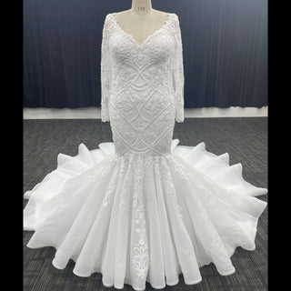 Plus Size Vneck Mermaid & Trumpet Wedding Dress with Long Sleeve