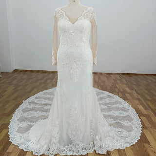 Plus Size Mermaid Lace Tulle Wedding Dress with Long Sleeve - Rosymae