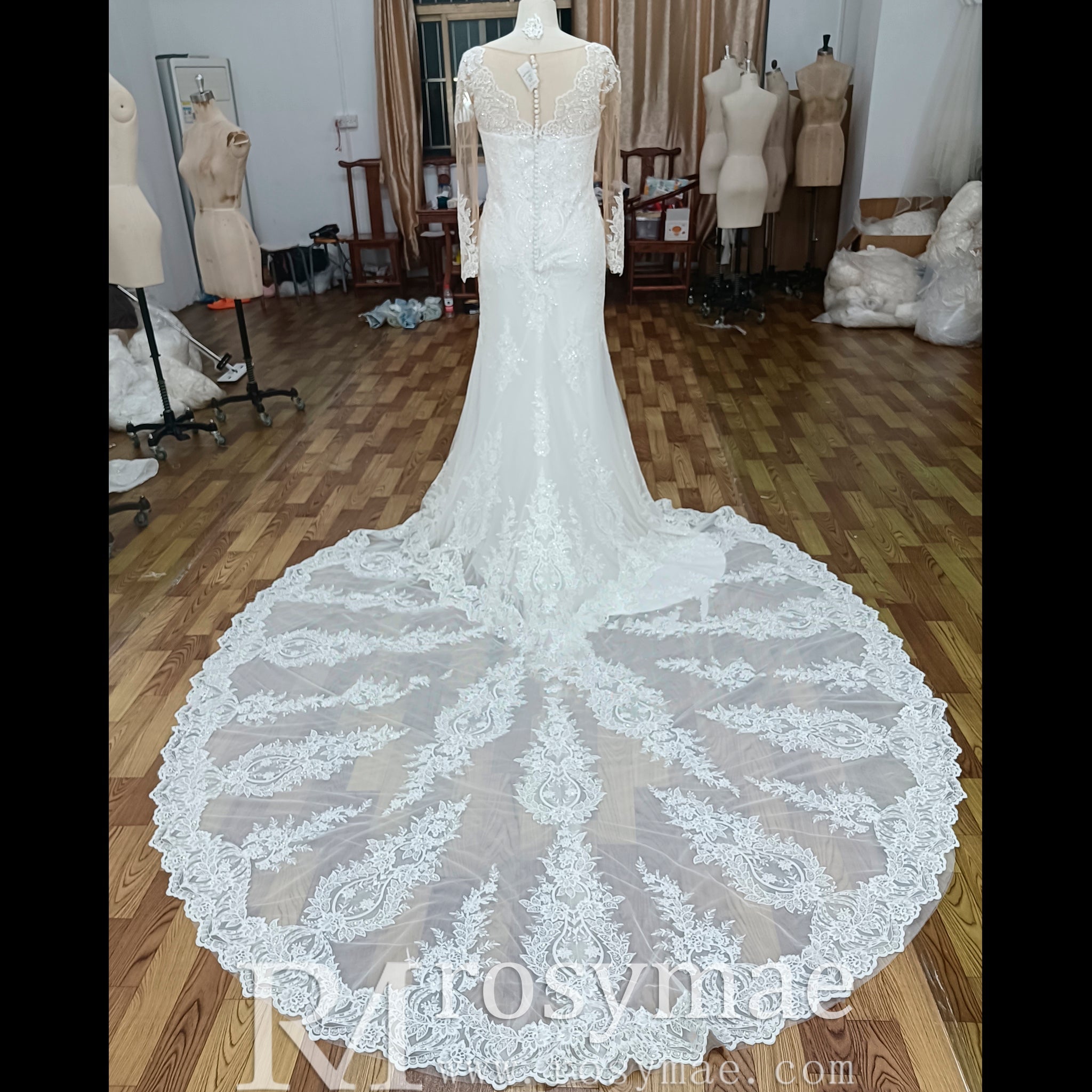 Plus Size Mermaid Lace Tulle Wedding Dress with Long Sleeve - Rosymae
