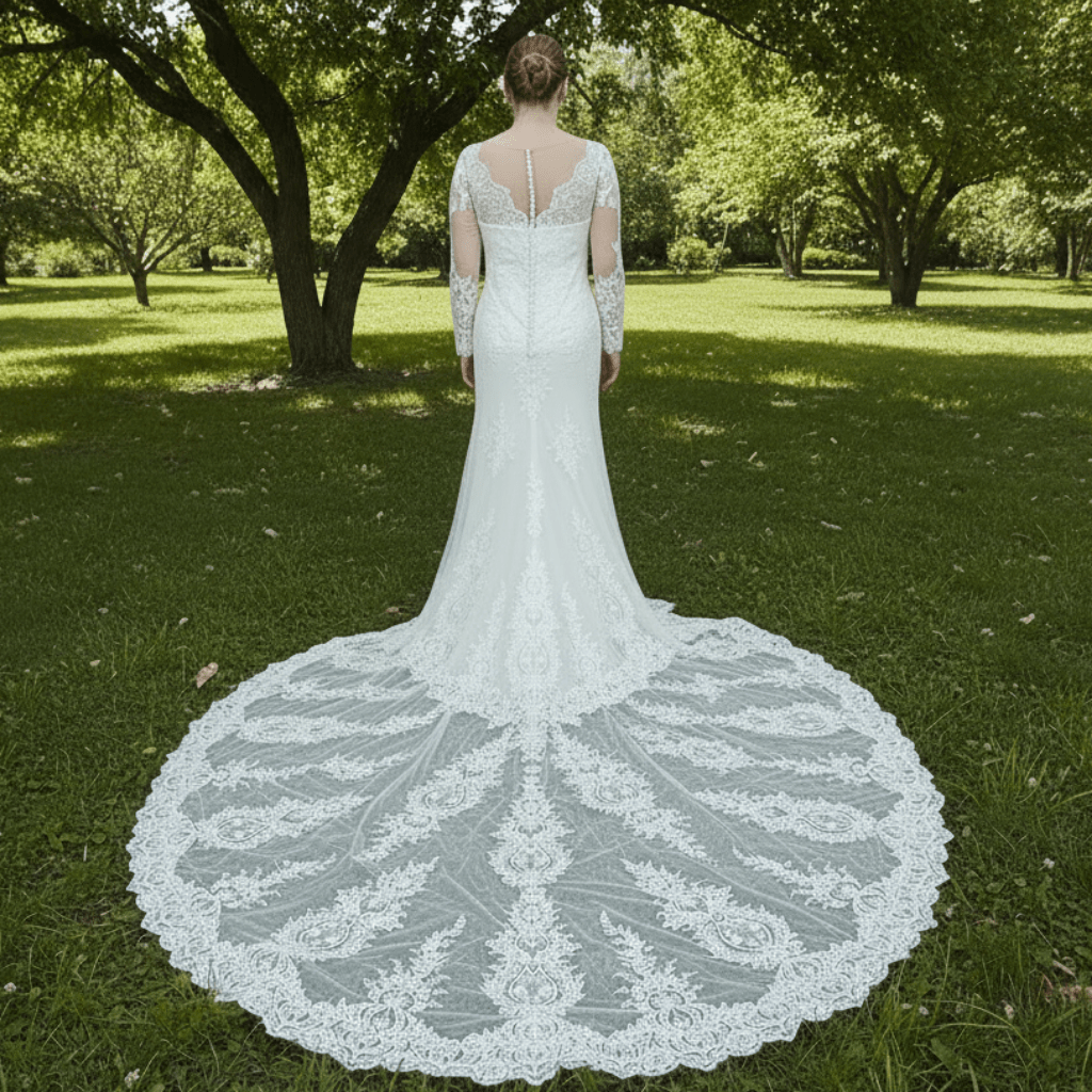 Plus Size Mermaid Lace Tulle Wedding Dress with Long Sleeve - Rosymae