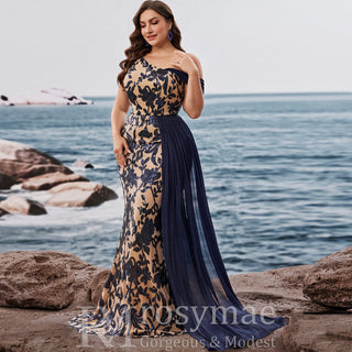 Plus Size One Shoulder Floral Mermaid Prom Gown with Draped Chiffon - Rosymae