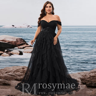 Plus Size Ruffled A Line Prom Gown Off The Shoulder Formal Party Dress - Rosymae