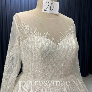 Plus Size Satin Ball Gown Wedding Dress, Sheer Long Sleeve - Rosymae