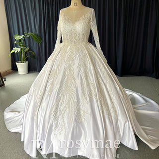 Plus Size Satin Ball Gown Wedding Dress, Sheer Long Sleeve - Rosymae